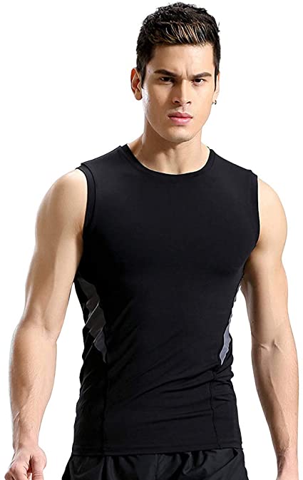 HEXIN Mens Sport Compression T-Shirts Exercise Fitness Tops Cool Dry Athletic Shirts Training Vest