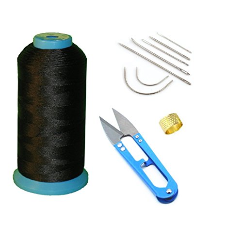 AntKits Bonded Nylon Sewing Thread, Curved Needles, Scissors and Thimble Tools Kits (Black)