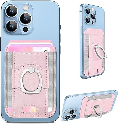 Designed for MagSafe Wallet with Ring Holder, Magnetic Card Wallet Holder for Apple Magsafe, Adjustable MagSafe Leather Wallet Stand with Phone Ring for iPhone 15/14/13/12 Series, Fit 7 Cards Pink