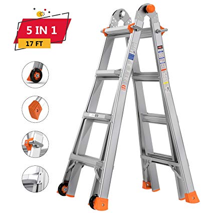 TACKLIFE Multi-Use Ladder, 17ft, 300lb Max Duty, Rivet Link, Spring Loaded “J” Lock Unique Design,5 Height-Mode, High Anti-Skid, Aluminum Alloy Material HXLD02A