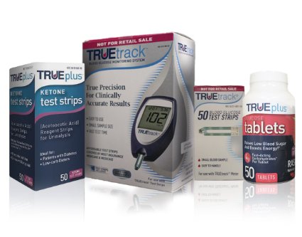 True Track Glucose Monitor, Glucose Test Strips & Ketone Strips Set with Raspberry Glucose Tablets