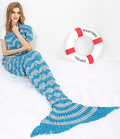 Merssyria Mermaid Tail Design Blanket With Vacuum Waterproof Package，Sleeping Bag for Children And Adults, All Seasons Use in Bed,Sofa or Camping(71"x35.5", Sliver Royal-Blue)