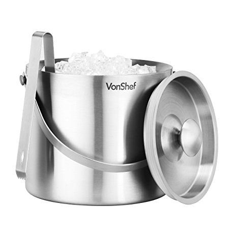 VonShef 3 L Double Walled Insulated Stainless Steel Ice Bucket with Lid, Carry Handle & Tongs