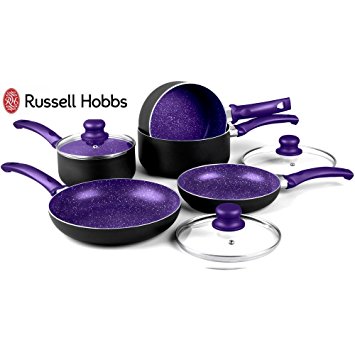 Russell Hobbs 8 Piece Induction Non Stick Stone Pan Set Saucepan Frying Pan Kitchen Cookware (Purple)