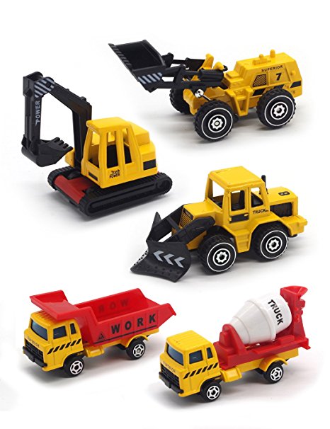 U DREAM, Construction Vehicles Toys Set for Kids，Total 5 Mini Diecast Trucks Excavator Bulldozer Snow Plow Dump Mixer, Boys and Girls Play Construction Game Small Cars Toy, Party Favors