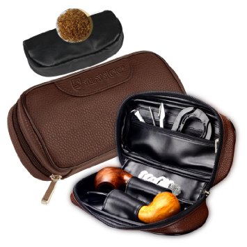 Ylyycc leather pipe tobacco pouch case with 2 pipe holder pocket brown
