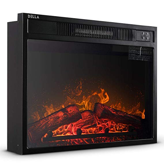 DELLA 1400w Embedded Fireplace Electric Insert Heater Glass View with Timer Adjustable Log Flame w/Remote Control, Black