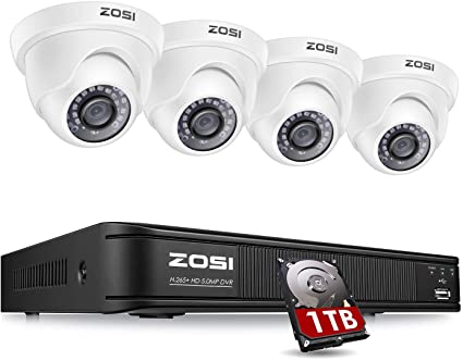 ZOSI H.265  5MP 2K Dome Security Camera System for Houses, 4CH CCTV DVR with Hard Drive 1TB for 24/7 Recording, 4X 5MP (1920P) Surveillance Camera Indoor Outdoor,80ft Night Vision, Motion Alerts