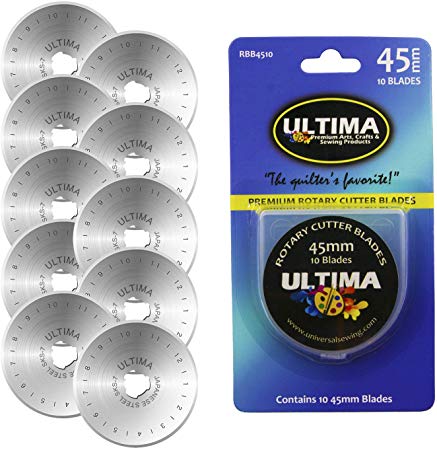 Ultima 45mm Rotary Cutter Blades - 10 Pack - Fits All Rotary Cutters Including Fiskars, Olfa, Martelli and TrueCut - Cuts Quilting Fabric, Leather, and More