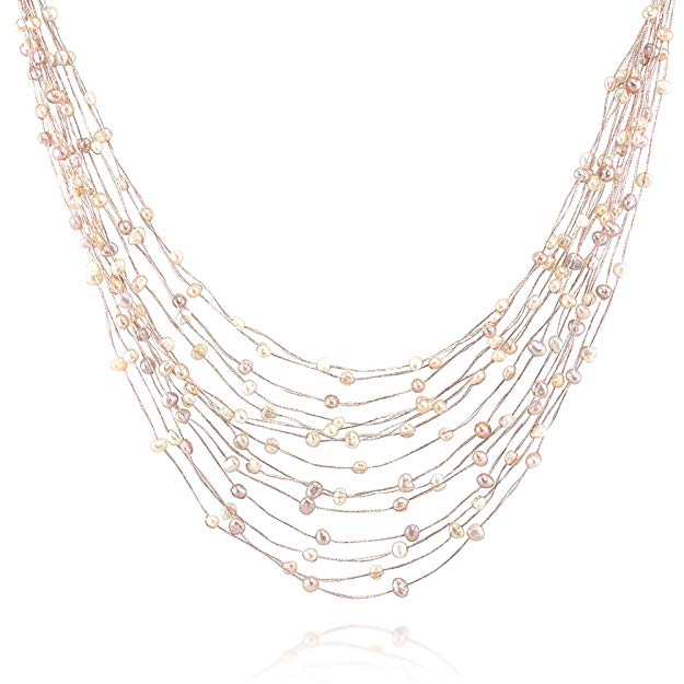 Silk Thread and Cultured Freshwater Pearl Multi Strand Cluster Necklace, 17-19 inches