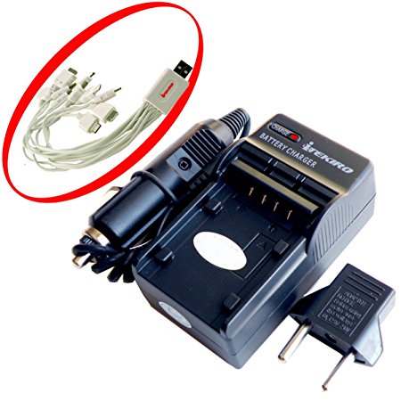 iTEKIRO AC Wall DC Car Battery Charger Kit for Sanyo 02491-0081-00 1UF583136R-HH Xacti VPC-E1403 VPC-E1500TP VPC-E1600TP VPC-T700 VPC-T850 VPC-T1060 VPC-T1284 VPC-T1495 VPC-T1496 VPC-TP1000 VPC-TP1010   iTEKIRO 10-in-1 USB Charging Cable