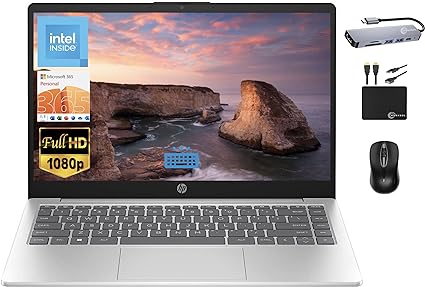 HP 2024 Essential Laptop, 14" FHD IPS Display, Quad-Core Intel Processor Upto 3.7GHz, 8GB Memory, 256GB SSD, Backlit KB, Webcam WiFi 6, Fast Charge, Office 365 1-Year, Win 11S MarxsolAccessory Silver