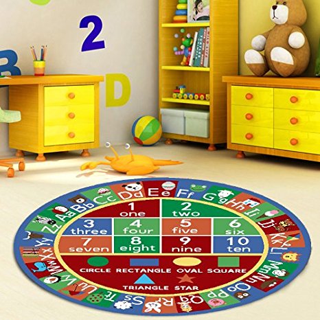 Kids Rug ABC Alphabet numbers and Shapes Educational Area Rug Area Rug Non Skid Backing by Furnishmyplace 3'3" Round