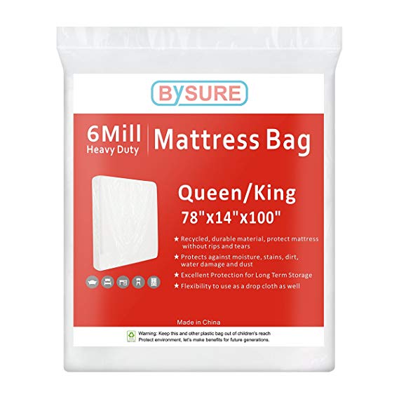 BYSURE 6 Mil Heavy Duty Mattress Bag for Moving & Long Term Storage, Fits Queen/King Size