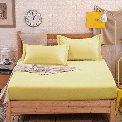 Vougemarket Yellow King Fitted Sheet with 15" Deep Pocket (without Pillowcases),100% Cotton Single Fitted Bottom Sheet,Breathable,Comfortable-King,Yellow