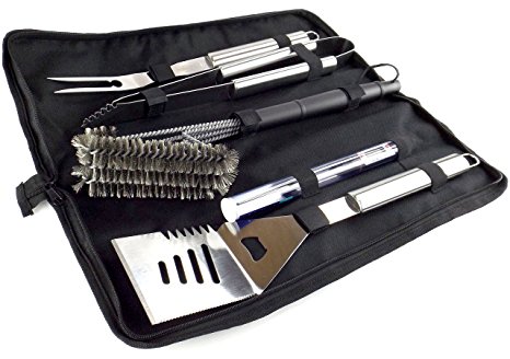 BBQ Grill Set With 5 Barbecue Tools - Spatula, Tongs, Large Fork, Meat Thermometer and Grill Cleaning Brush AND BBQ Tool Carrying Case - GREAT GIFT from Aristocrat Homewares