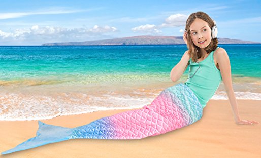 Catalonia Mermaid Tail Plush Flannel Blanket for Teen Child Kids, Soft Warm Fuzzy Micro Fleece All Seasons Sleeping Blanket Classic Scale Pattern 61" x 19" Rainbow Ombre