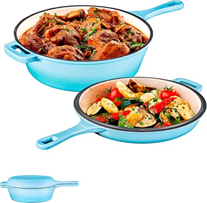 Enameled Blue 2-In-1 Cast Iron Multi-Cooker By Bruntmor – Heavy Duty 3 Quart Skillet and Lid Set, Versatile Healthy Design, Non-Stick Kitchen Cookware, Use As Dutch Oven Frying Pan