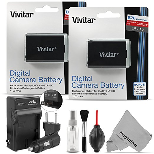 (2 Pack) Vivitar LP-E10 Battery and Charger Kit for CANON REBEL T6 T5 T3, EOS 1100D 1200D 1300D DSLR - Includes: 2 Vivitar Ultra High Capacity Rechargeable 1100mAh Li-ion Batteries   AC/DC Vivitar Rapid Travel Charger   Cleaning Kit   MagicFiber Microfiber Lens Cleaning Cloth