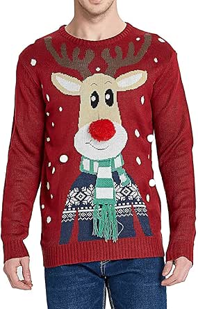 Men's Christmas Rudolph Reindeer Holiday Festive Knitted Sweater Cardigan Cute Ugly Pullover Jumper