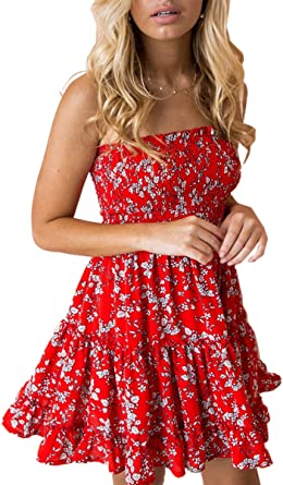 Angashion Women's Floral Strapless Pleated Flowy Skater Mini Tube Dress