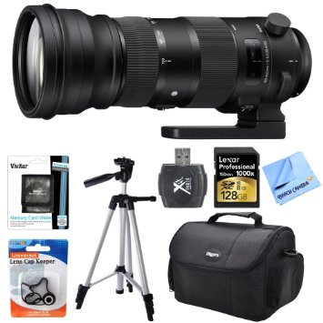 Sigma 150-600mm F5-63 DG OS HSM Telephoto Zoom Lens Sports for Nikon F Mount Bundle Includes 150-600mm Lens 128GB Memory Card Wallet Reader Case Tripod Lens Cap Keeper and Beach Camera Cloth