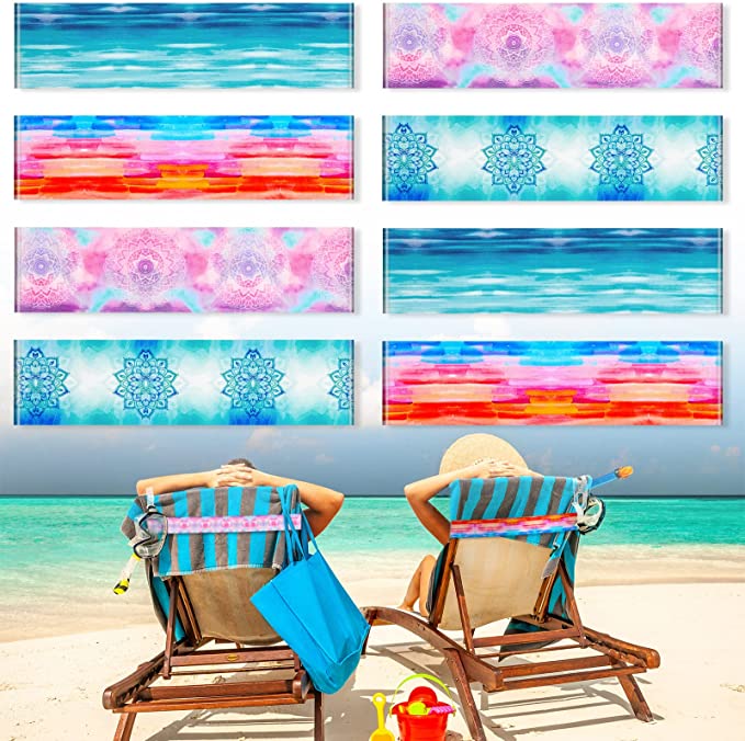 8 Pack Towel Bands for Beach Chairs Towel Clips for Pool Chairs Lounge Beach Cruise Chair Towel Strap Holder Elastic Windproof Beach Accessories for Summer (Gradient Style, 15.75 x 1.97 Inch)