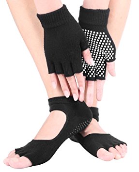 HAIVIDO Women Non-Slip Fingerless Yoga Glove and Sock Sets or Sock and Sock Sets with Grips for Pilates, Ballet,Exercise and Fitness Pack of 2