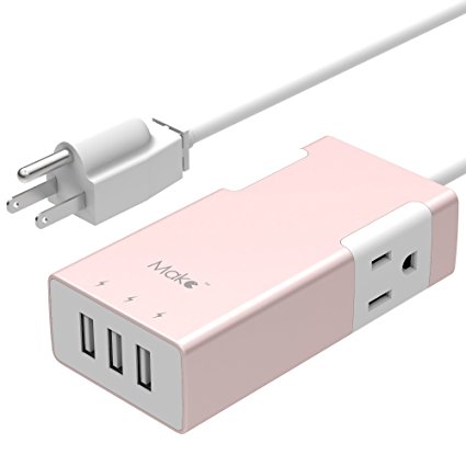 MAKETECH Compact Aluminum 2-Outlet Travel Power Strip with 3 USB Charging ports (Pink Gold)