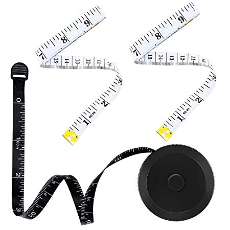 Tape Measure Measuring Tape for Body Fabric Sewing Tailor Cloth Knitting Craft Measurements, Retractable Black Tape Measure and White Soft Tape Measure Set Dual Sided 60-Inch (3-Pack) Airisoer
