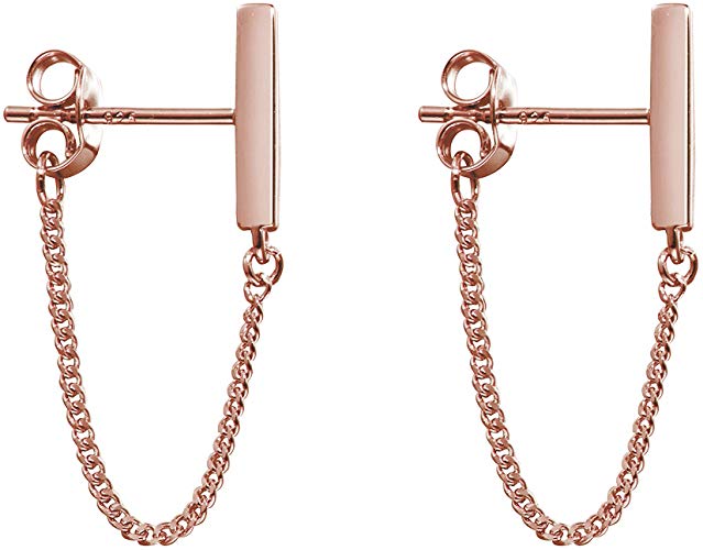 Minimalist Bar Earrings with Chain Sterling Silver Thread Earrings Gold Dangle Earrings for Women