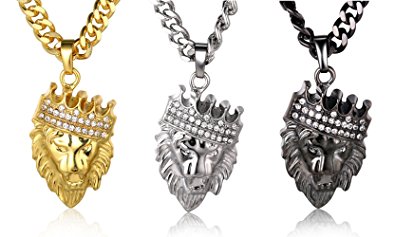 Halukakah "KINGS LANDING" Men's 18k Real Gold Plated Crown Lion Pendant Necklace with FREE Cuban Chain 24"