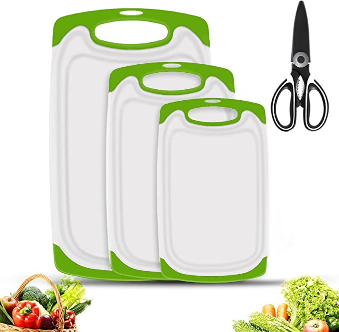 Thicken Plastic Cutting Board for Kitchen,Kitchen Chopping Boards with Juice Grooves,Larger Cutting Mats,Reversible, Lightweight,No BPA,Dishwasher Safe 3 Piece. (Green)