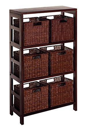 Winsome Wood Leo Wood 4 Tier Shelf with 6 Rattan Baskets in Espresso Finish