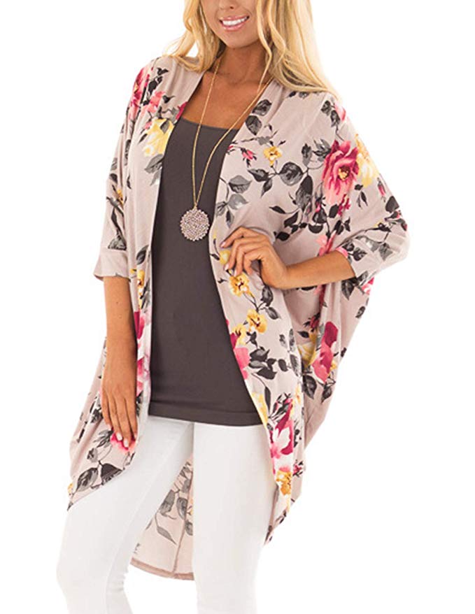 ChainJoy Women's Boho Floral Kimono Cardigan Capes Loose Cover up Blouse S-3XL