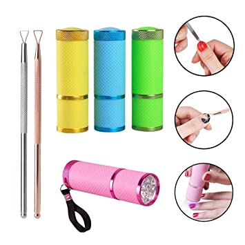 4 Pieces Mini LED Flashlight UV Lamp for Nail Art Dryer Camping and Hiking,2 Pieces Stainless Steel Triangle Stick Rod UV Gel Polish Remover,Nail Polish Set