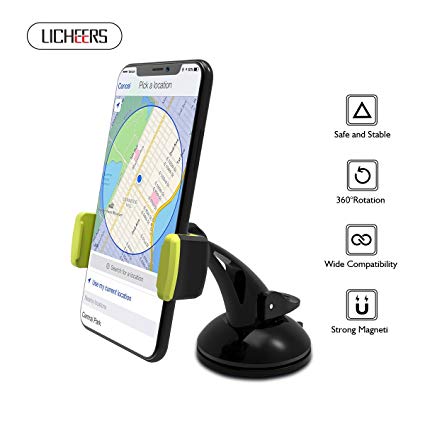 Car Phone Mount, licheers Universal Car Phone Holder Windshield Dashboard Phone Cradle Bracket Washable Sticky Suction Cup Compatibe with iPhone X/8/8Plus/Samsung S9 /S8 /Note 7 up to 6.0 inch (Green)
