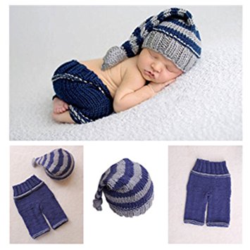 Newborn Baby Photo Shoot Props Girl Boy Crochet Knit Hat Costume Stripe Hat Pants Overalls Photography Props