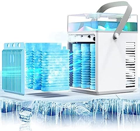 Portable Air Conditioner Fan, Rechargeable 4-IN-1 Personal Mini Cooler Humidifier, 3-Speed Evaporative Air Cooler with 7 Color Lights, Cordless AC Desktop Spray Fan, Quiet Desktop Cooling Fan