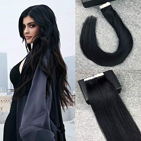 Reysaina 22" Tape in Hair Extensions Jet Black Color #1 Real Human Hair Extensions Skin Weft 100% Human Hair Tape in Extensions 20 Pieces 50g Per Package