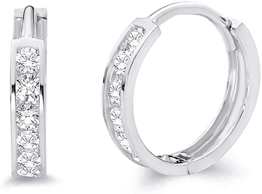 14k White Gold 2mm Thickness CZ Channel Set Hoop Huggie Earrings - 3 Differnet Size Available