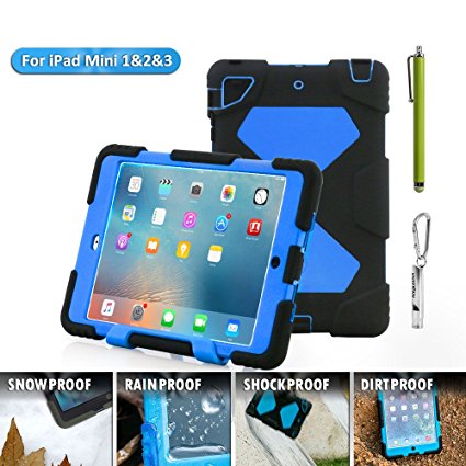Aceguarder global design new products iPad mini 1&2&3 case snowproof waterproof dirtproof shockproof cover case with stand Super protection for kids Outdoor adventure sports tourism Gifts Outdoor Carabiner   whistle   handwritten touch pen (ACEGUARDER brand)(Black/Blue)