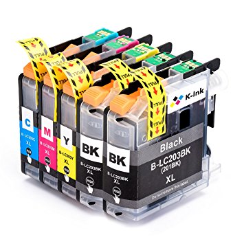 K-Ink Brother LC203 LC 203XL LC201 Compatible Replacement Ink Cartridges (5 Pack - 2 Black, 1 Cyan, 1 Magenta, 1 Yellow)