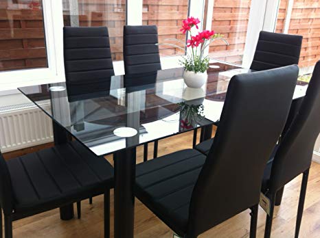 STUNNING GLASS BLACK DINING TABLE SET AND 6 FAUX LEATHER CHAIRS…