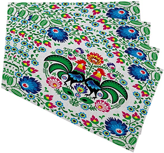 Mugod Poland Flowers Placemats Polish Floral Folk Art Square Pattern with Rooster Decorative Heat Resistant Non-Slip Washable Place Mats for Kitchen Table Mats Set of 4 12"x18"