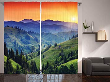 Ambesonne Country Decor Collection, Sunset in the Mountains Landscape and European Countryside Picture Print, Window Treatments, Living Kids Girls Room Curtain, 108 X 84 Inches, Orange Green Blue