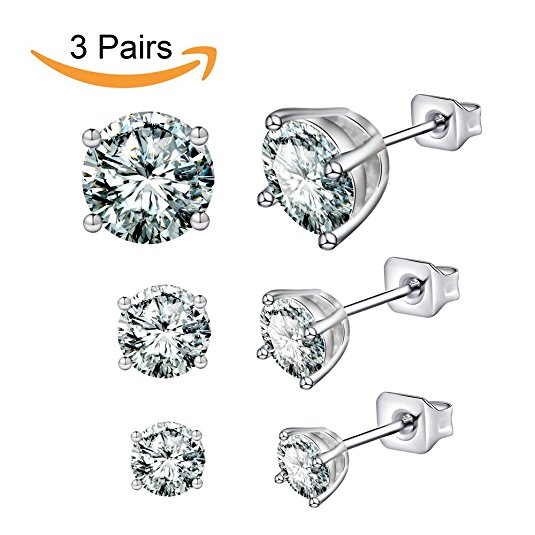 Anni Coco Jewelry 18K White Gold Plated Stainless Steel Clear CZ Cubic Zirconia Ear Stud Earrings Set (3-6 Pairs,0.25-3 ct)