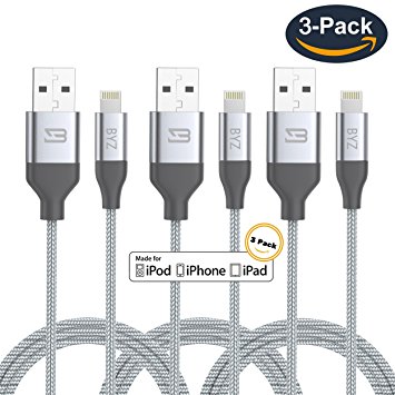 BYZ iPhone Charger Charging Cable 3 pack Lightening Cable - 6 ft iPhone Cable USB Sync & Charging Cord for iPhone 7 Plus 7 6S Plus 6 Plus SE 5S 5C 5, iPad 2 3 4 Mini, iPad Pro Air, iPod - Silver