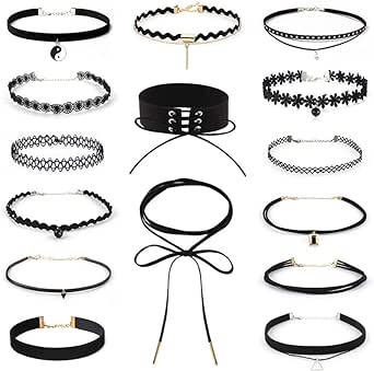 Choker Necklace Set 15Pcs Black Choker Necklace Set, Tattoo Choker Necklace, Elegant Choker Necklace for Women Ladies Teens Girls (Black)