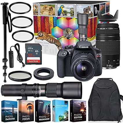 Canon EOS Rebel T6 DSLR Camera with 18-55mm & 75-300mm Lenses Kit   500mm Preset Wildlife Lens - Deluxe Professional Photo & Video Creative Bundle